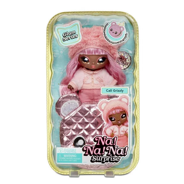 Na Na Na Surprise Glam Series Cali Grizzly Fashion Doll And Bear Purse, Pink Hair Doll With Metallic Pink Bear Purse, 2-In-1 Toy for Girls Ages 5 6 7+